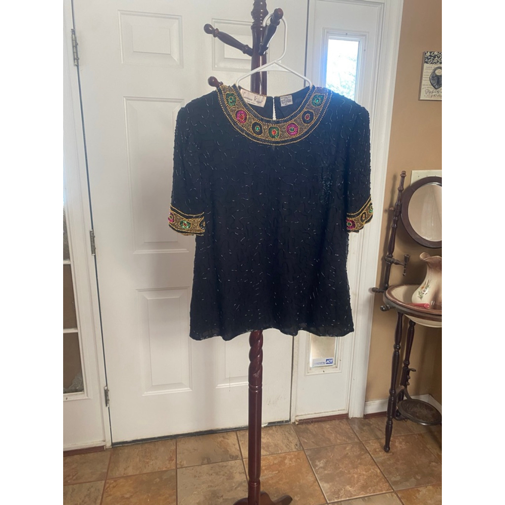 Women's Laurence Kazar Black Beaded Blouse XL
